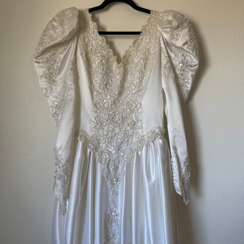 Vintage Lili International 80s Wedding Dress Satin Lace Puff Sleeve Back Bow - Picture 5 of 16